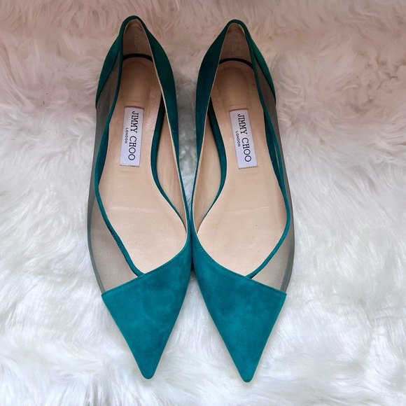 JIMMY CHOO Suede Mesh Point Toe Ballerina Flats in Emerald - Picture 2 of 7